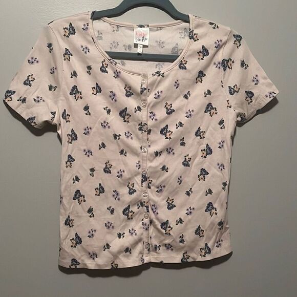 Belle Du Jour Women's Cream Button Front Ribbed Floral Cotton Top Large NWT - Picture 1 of 5